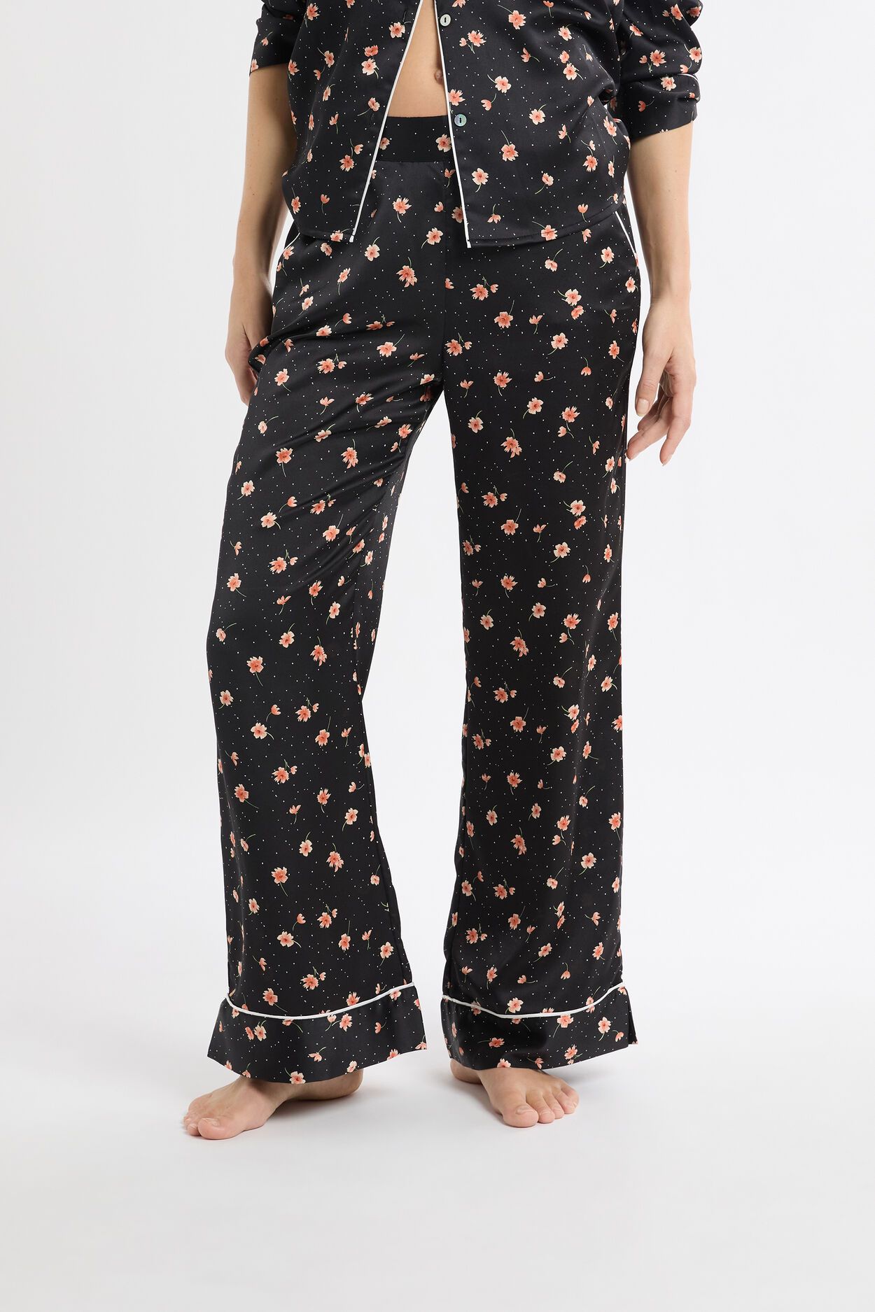 MEDRA Floral print satin pyjama trousers-Black-M